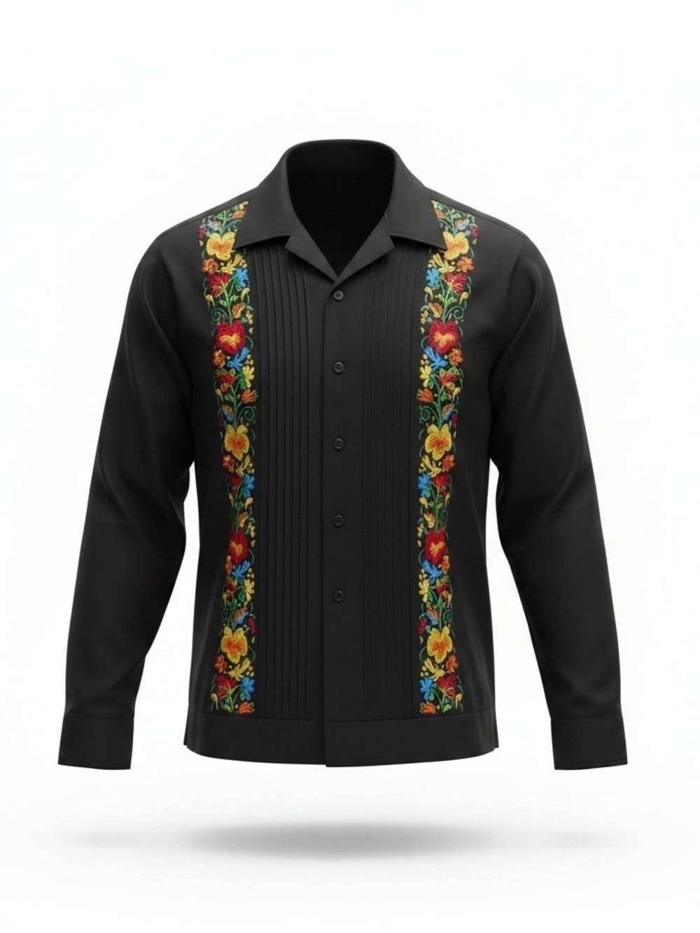 Black Embroidered Floral Guayabera Shirt Linen Large